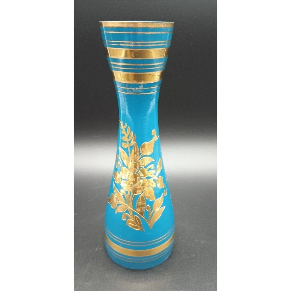 Vintage Blue And Gold Metal Engraved Bud Vase Made In India